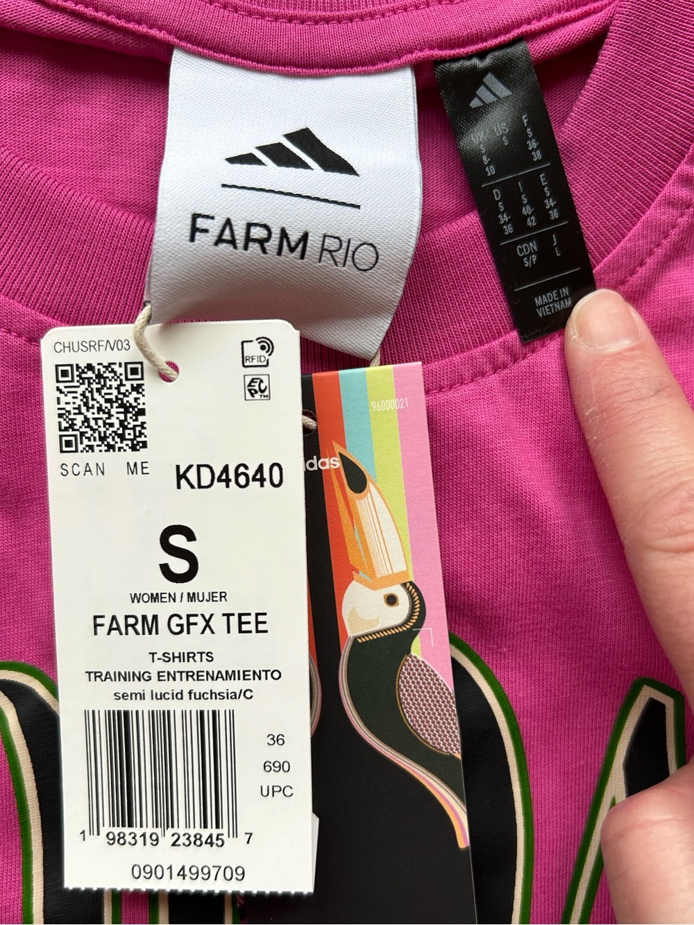 Adidas x FARM Rio Toucan Graphic Tee in Fuchsia/Crystal Linen NWT Size Small - Picture 6 of 8
